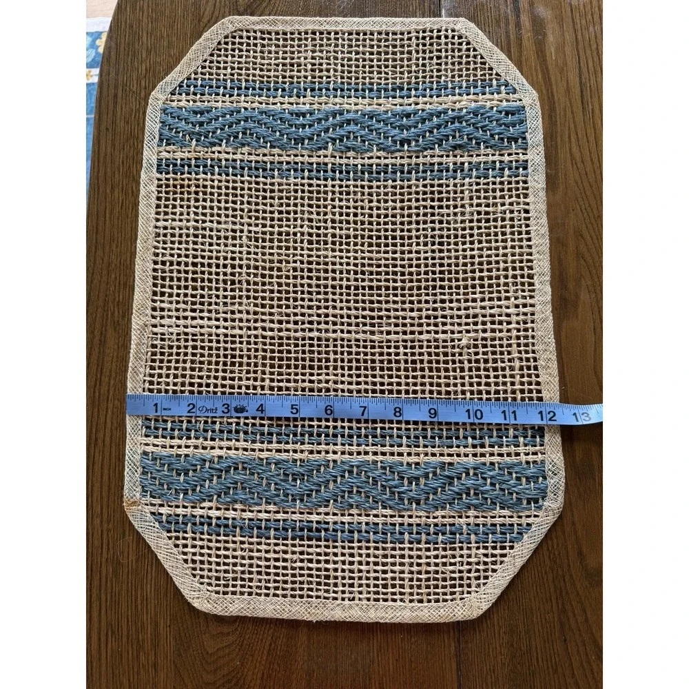 Vintage Abaca Fiber Placemats Set of 4 Navy Blue Natural Zigzag Stripe Boho MCM